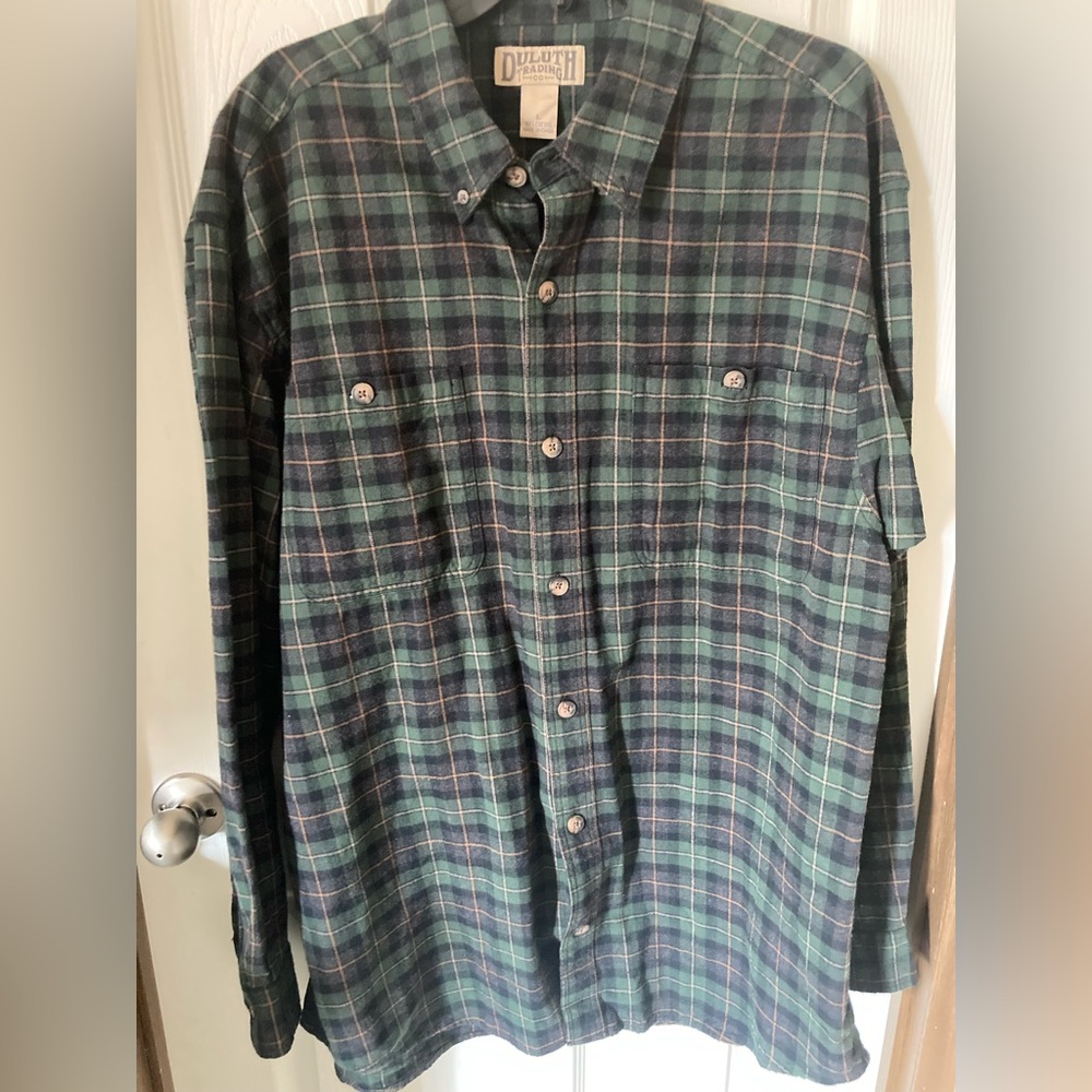 Duluth Trading Co Green and Blue Plaid Flannel Men's Shirt Large
